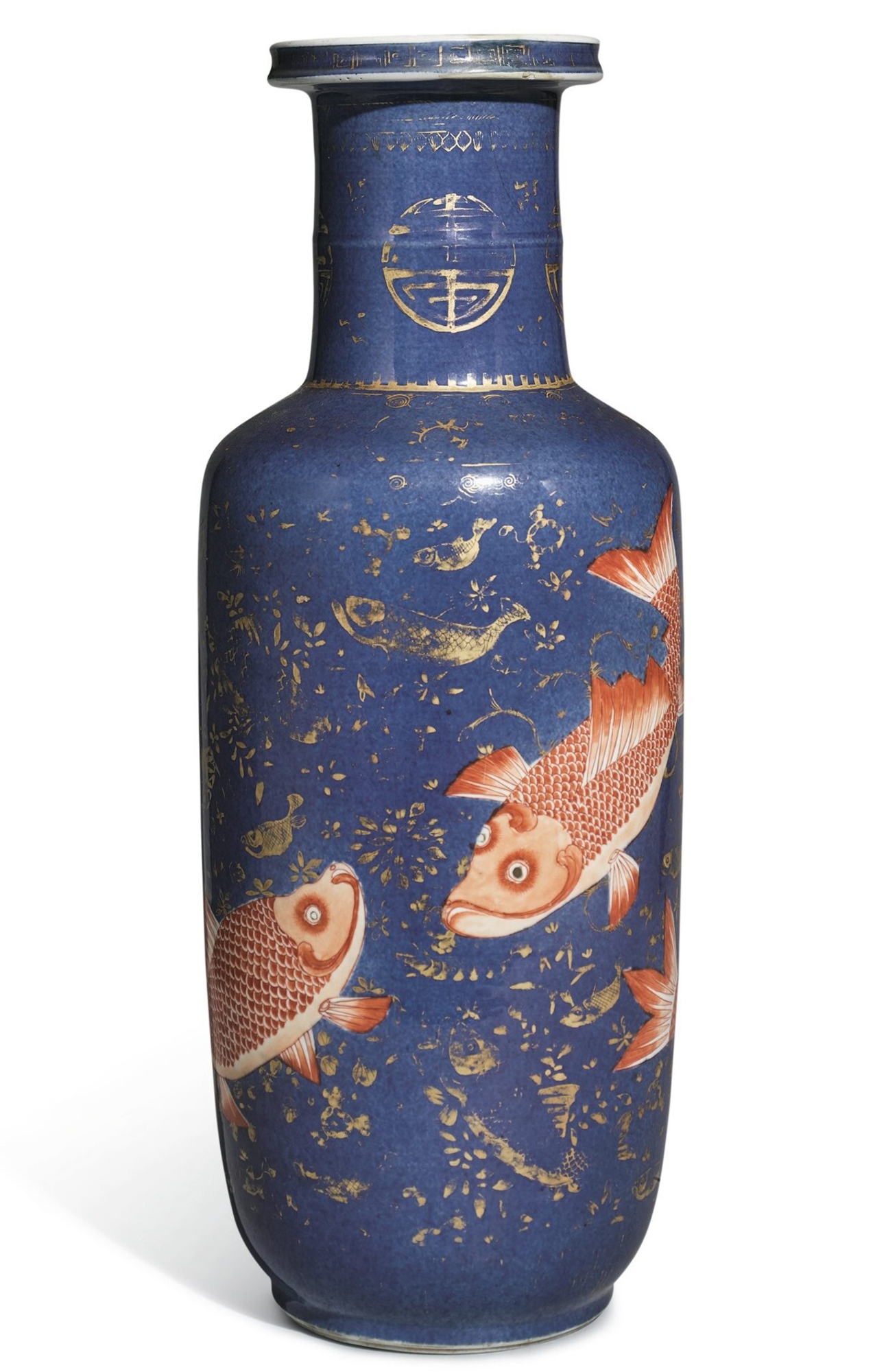 清康熙 灑藍地描金礬紅彩魚藻紋棒槌瓶
