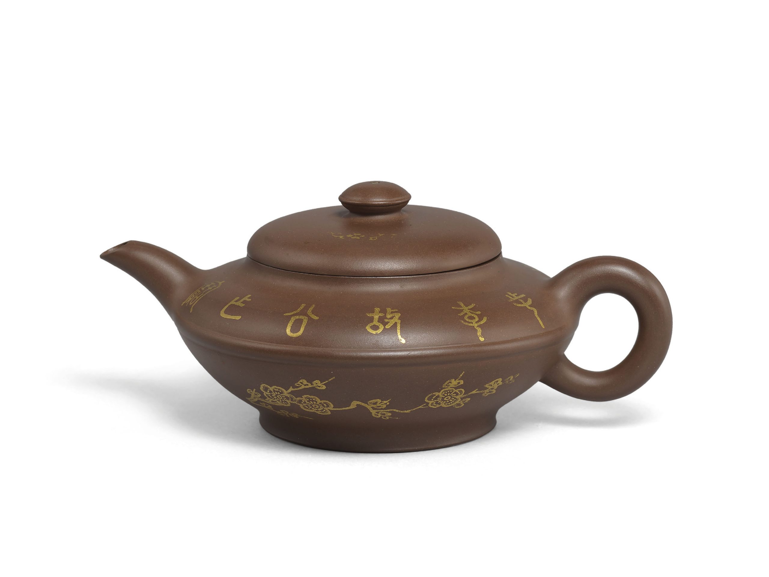 A YIXING GILT-DECORATED AND INSCRIBED TEAPOT
