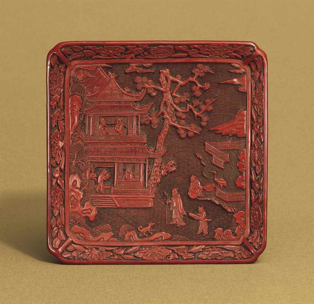 A CARVED CINNABAR LACQUER SQUARE TRAY LATE MING DYNASTY, 17TH CENTURY