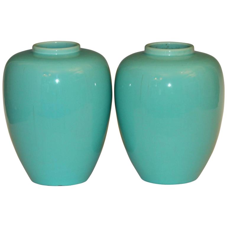 Pair of Art Deco Awaji Pottery Ginger Jar Vases Aqua Glaze