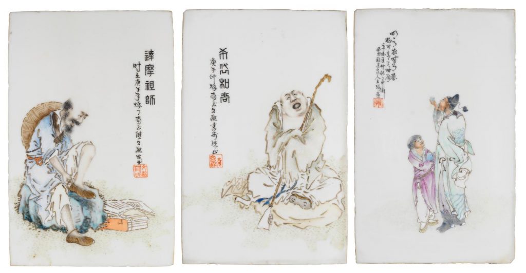 中国艺术珍品 拍卖信息 Lot 221 庚午及辛未年（1930及1931年） 王琦作 粉彩人物图瓷板 一组三件