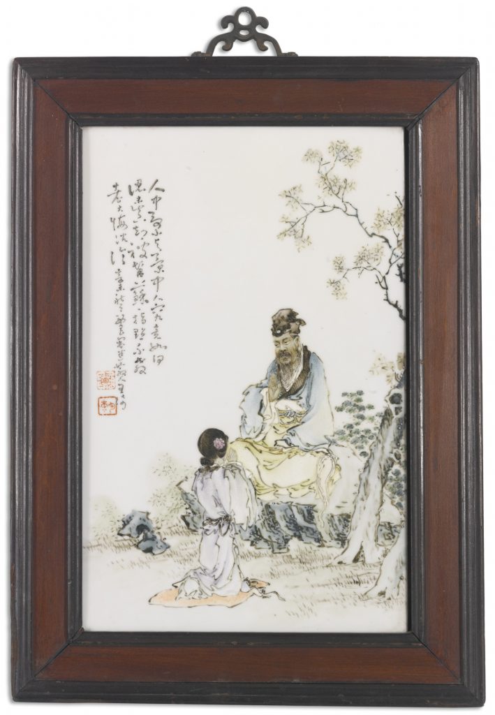 A FAMILLE-ROSE FIGURAL PLAQUE BY WANG QI (1884-1937) DATED TO THE XINWEI YEAR CORRESPONDING TO 1931