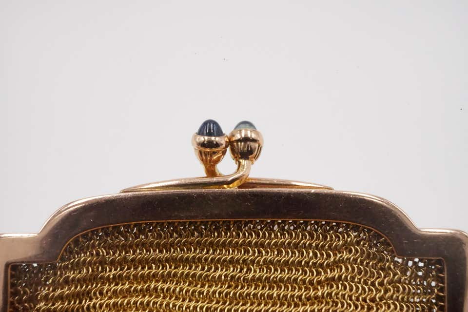 1900s Cartier Sapphire and 14 Carat Gold Mesh Bag