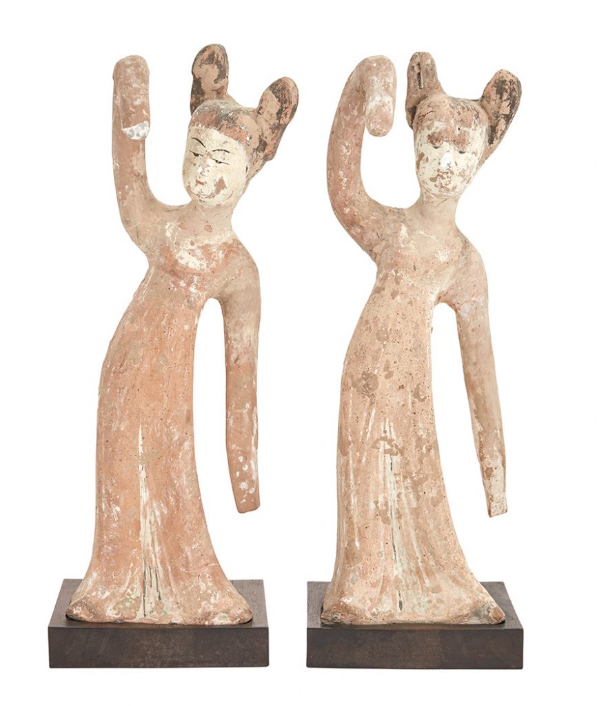 亚洲艺术品 拍卖信息 Lot 22 Two Chinese Painted Pottery Figures of Court Ladies Dancing ,Tang Dynasty