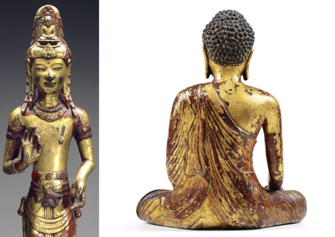 LEFT: FIG. 7 DETAIL, "ALL VICTORIOUS" GUANYIN BODHISATTVA, GILT BRONZE WITH LACQUER, YUNNAN PROVINCE, 1147-72, SAN DIEGO MUSEUM OF ART ©MUSEUM PURCHASE WITH FUNDS PROVIDED BY THE HELEN M. TOWLE BEQUEST / BRIDGEMAN IMAGES RIGHT: FIG. 8 DETAIL OF THE BACK. “THE LACQUER FINISH OVER THE MERCURY GILDING IS COMMON IN DALI SCULPTURE”