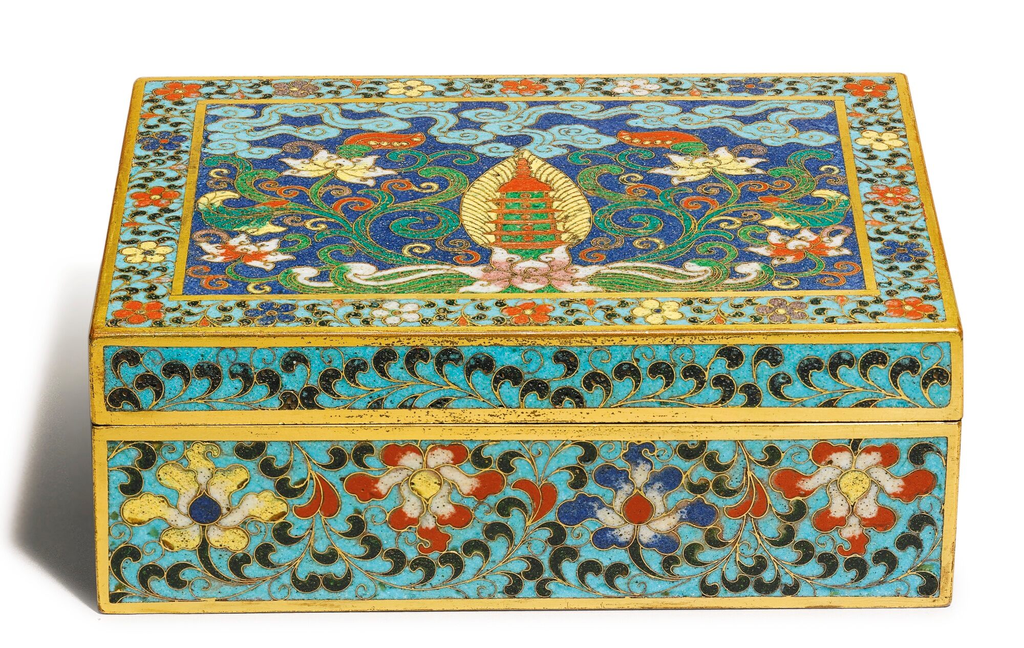 清十八世紀 銅胎掐絲琺瑯寶塔紋長方蓋盒
