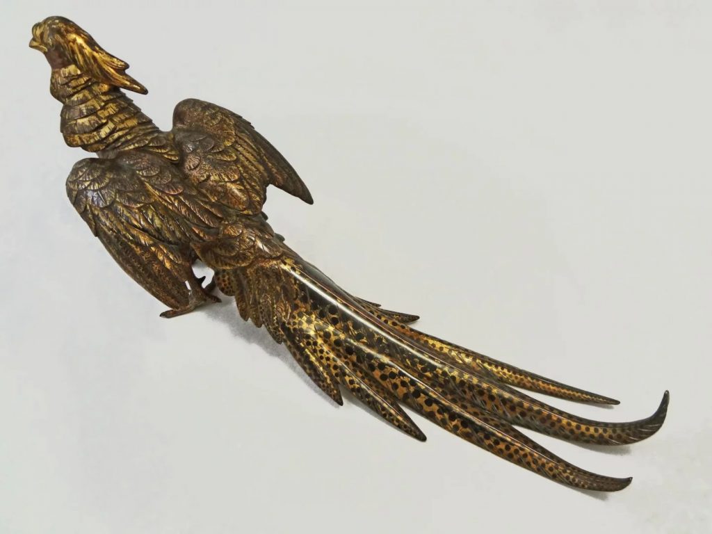  Japanese Meiji Period Metalwork Signed Gilt Bronze Okimono of a Pheasant