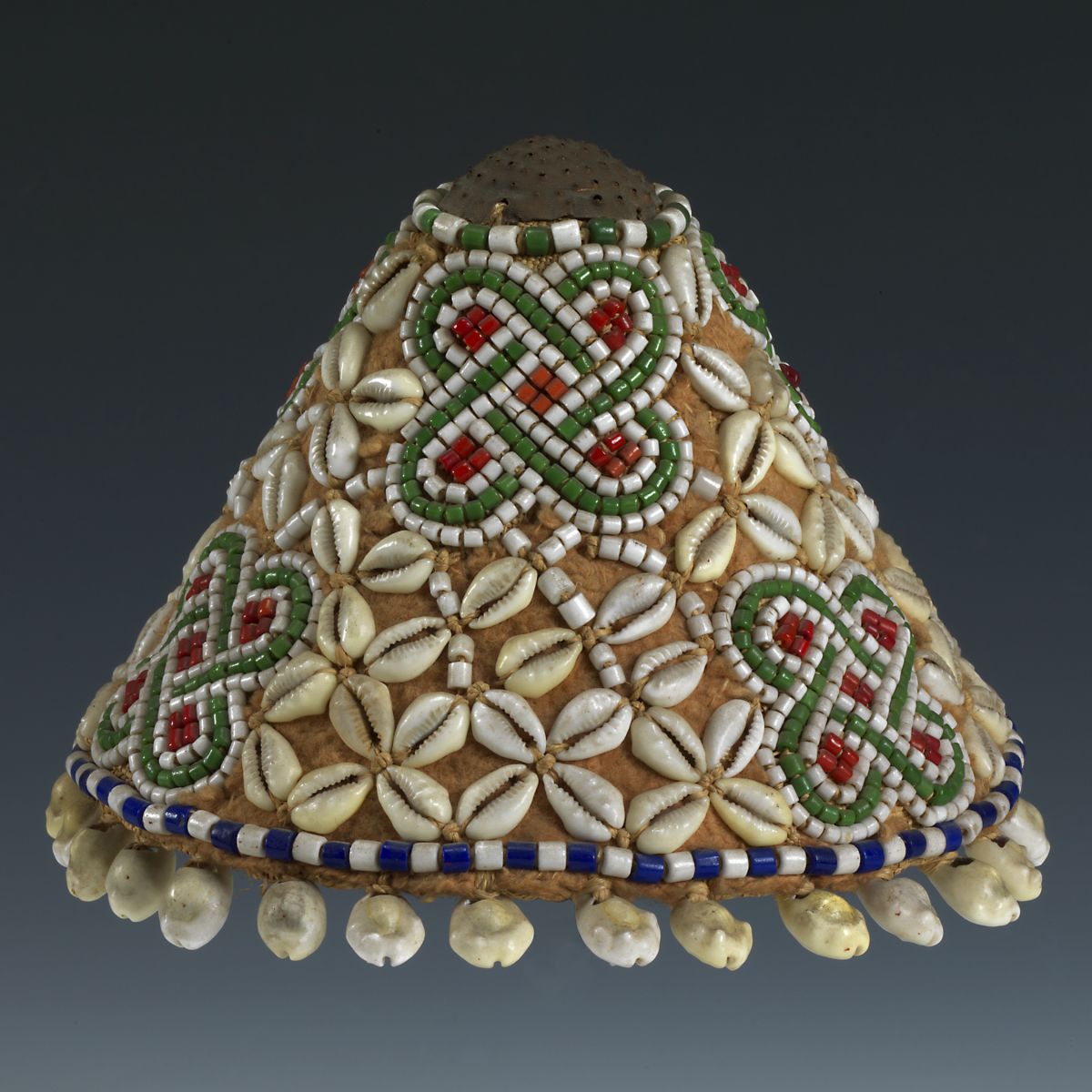 Ceremonial hat Kuba people DR Congo 20th century, Colonial period Raffia, glass beads, copper, cowrie shells,