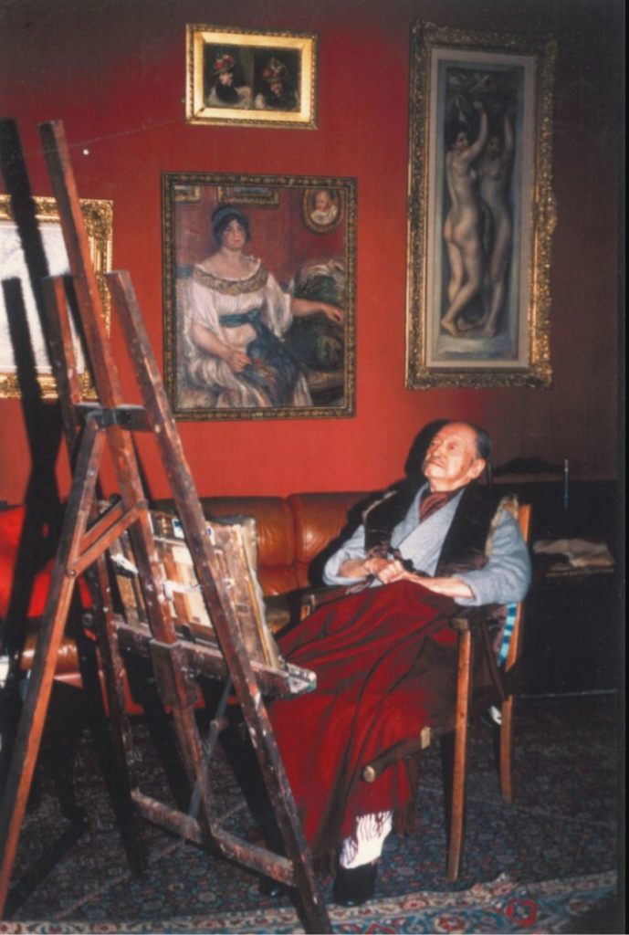 PORTRAIT OF UMEHARA RYUZABURO WITH HIS EASEL 梅原龍三郎畫室留影