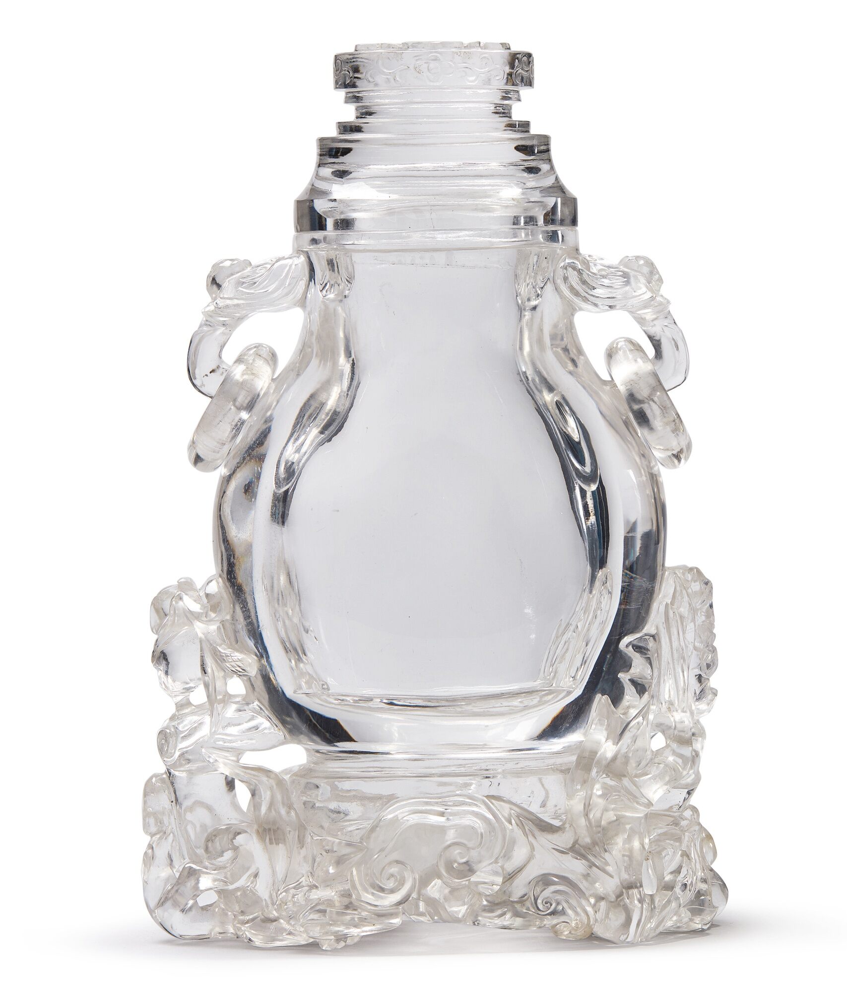 清十八 / 十九世紀 水晶雕靈芝紋蝠耳活環蓋瓶