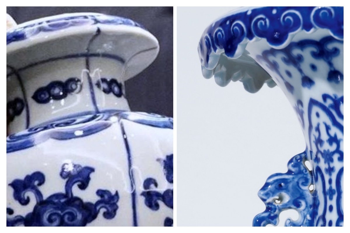 左为明永乐 青花折枝灵芝纹石榴尊（香港苏富比，2019年HK$2,200万成交），右为今次上拍的乾隆云口瓶。可见两器沿口外卷的分野所在