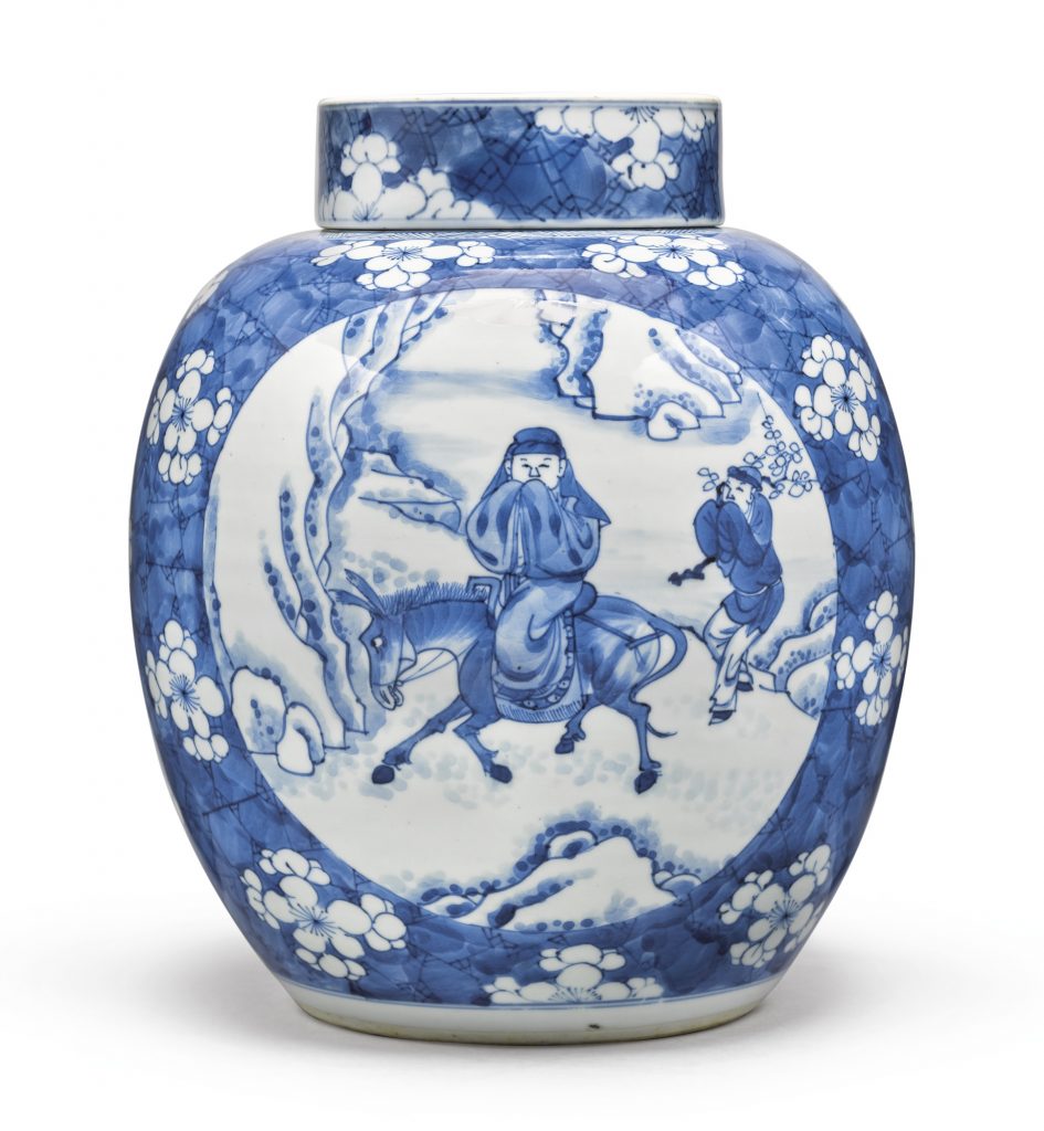 BLUE AND WHITE 'WINTER' OVOID JAR AND COVER