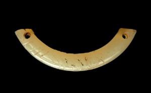 龙纹玉璜 商代 长4.9、宽1厘米 现藏于新乡市博物馆 玉质青色。体呈半环状，通身雕龙纹。嘴、尾部两端各有一圆孔以供穿缀。
