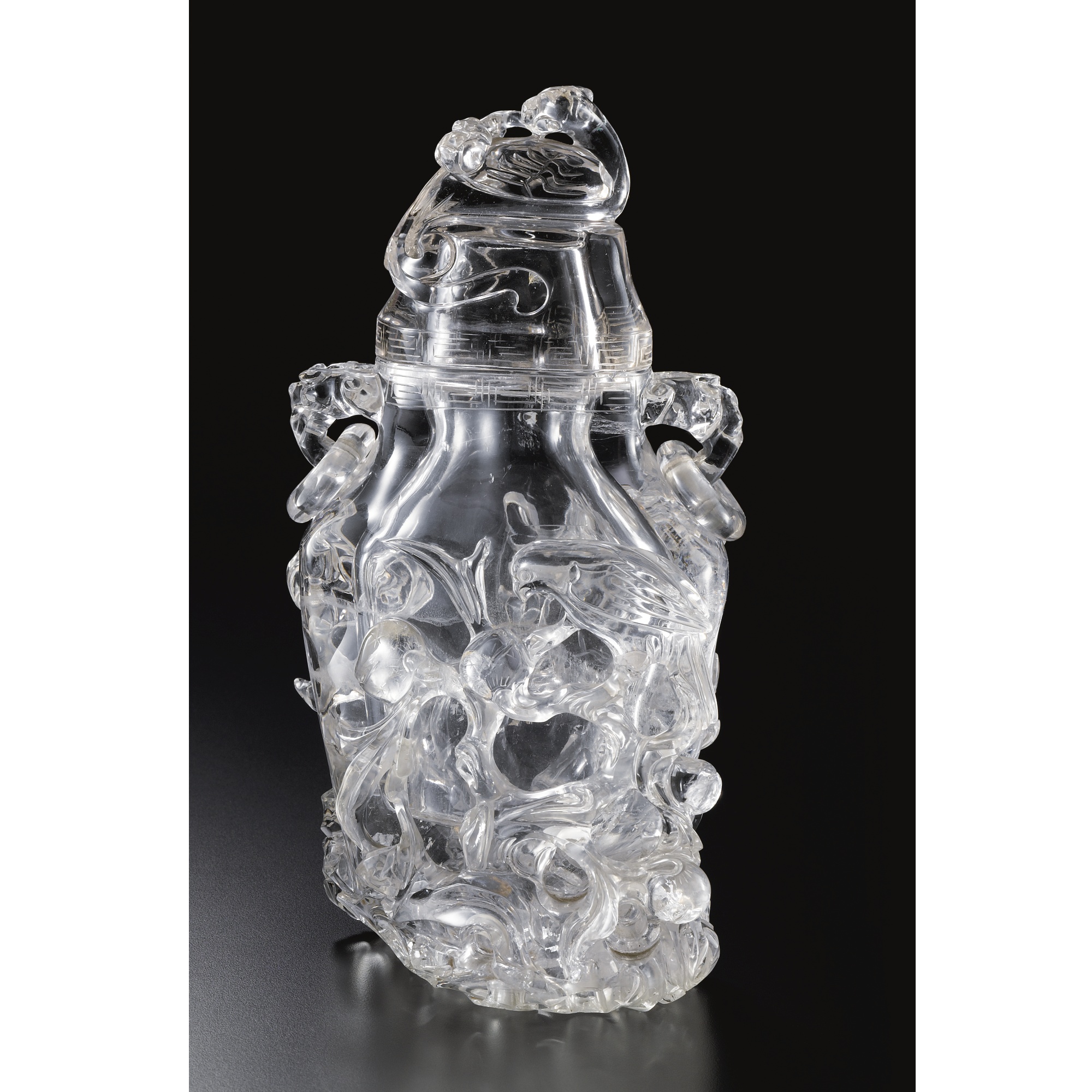 A LARGE CARVED ROCK CRYSTAL VASE AND COVER LATE QING DYNASTY