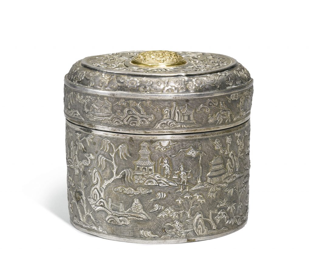 明 十七世紀 局部鎏金銀「人物山水」圖圓蓋盒