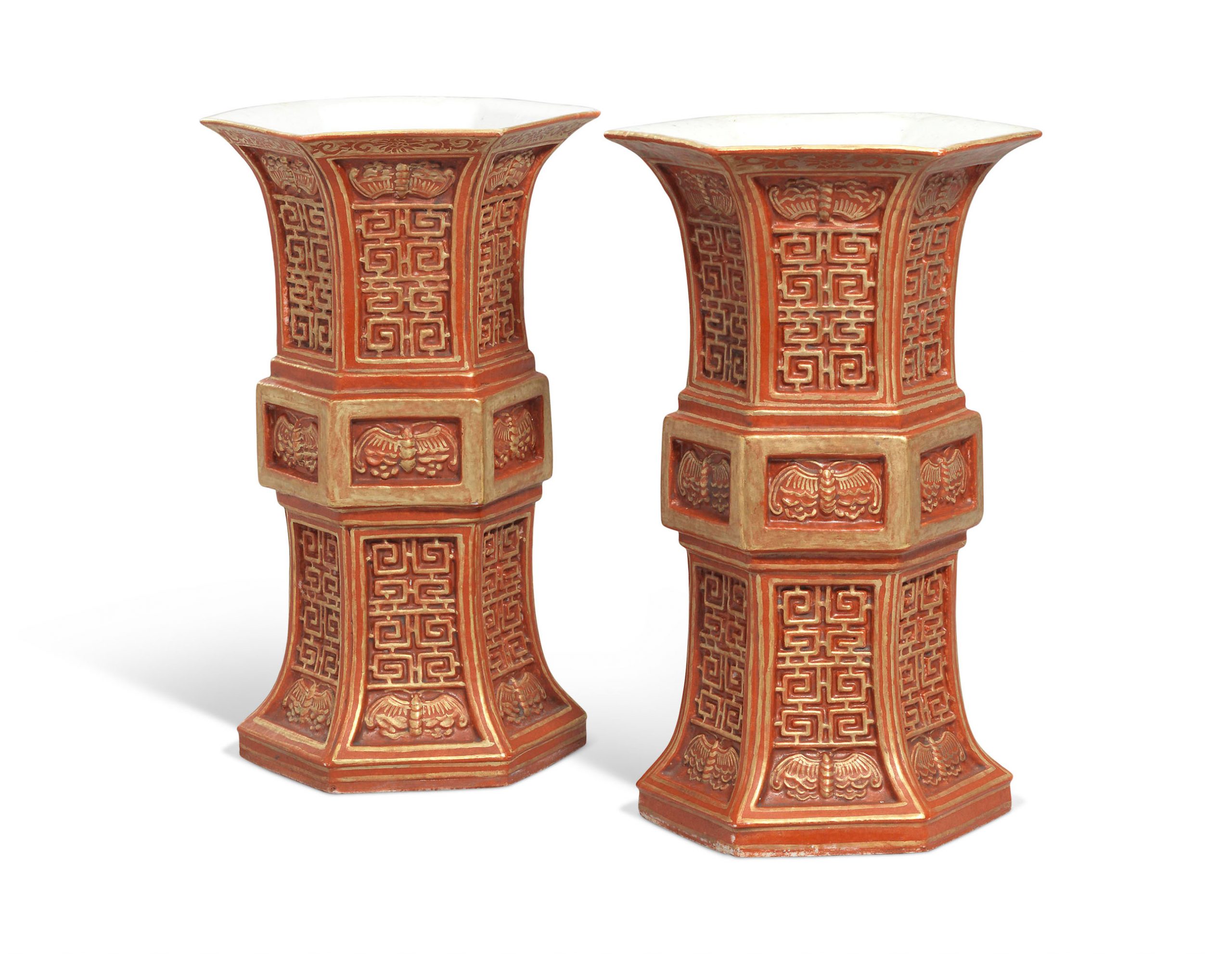 A PAIR OF CORAL-GROUND AND GILT-DECORATED HEXAGONAL VASES