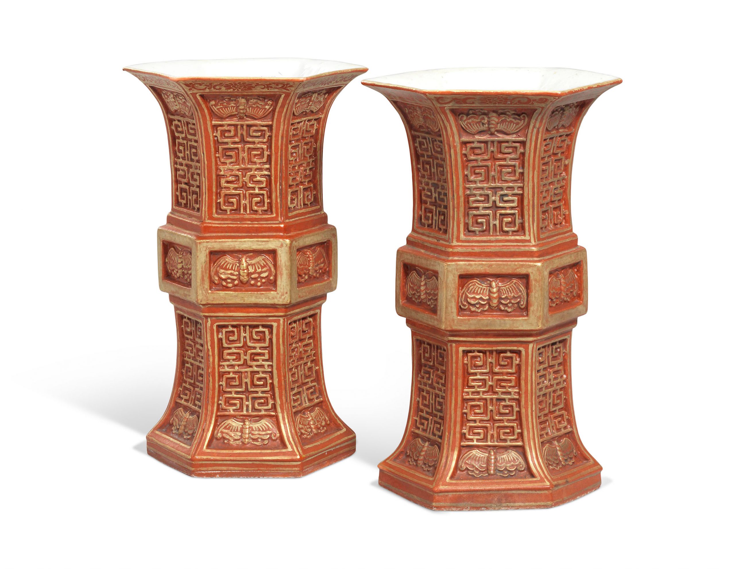 A PAIR OF CORAL-GROUND AND GILT-DECORATED HEXAGONAL VASES