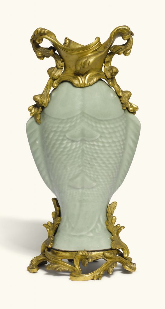A Louis XV style gilt-bronze mounted Chinese celadon vase modelled as two fish, the porcelain Qianlong period, the mounts 19th century Estimate 3,000 — 4,000 GBP LOT SOLD. 4,000 GBP (Hammer Price with Buyer's Premium)