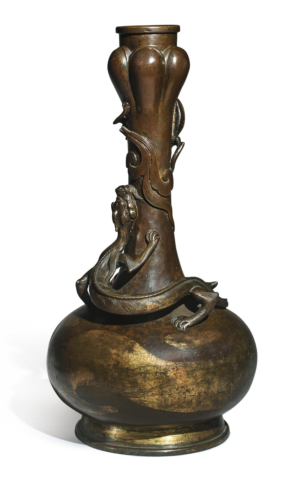 明十六 / 十七世紀 銅局部鎏金螭龍紋大蒜頭瓶