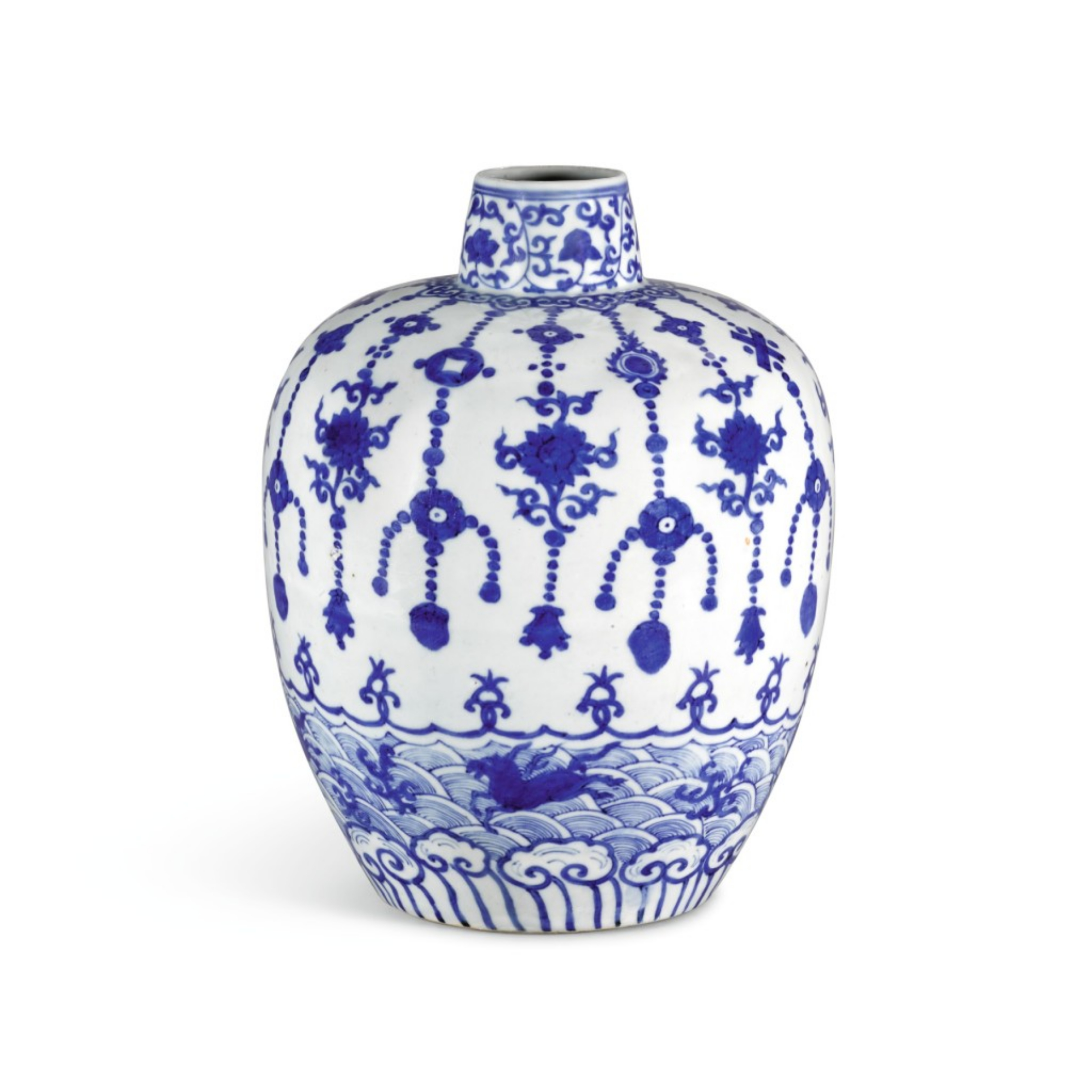A BLUE AND WHITE JAR, JIAJING MARK AND PERIOD | 明嘉靖 青花瓔珞海馬紋罐 《大明嘉靖年製》款