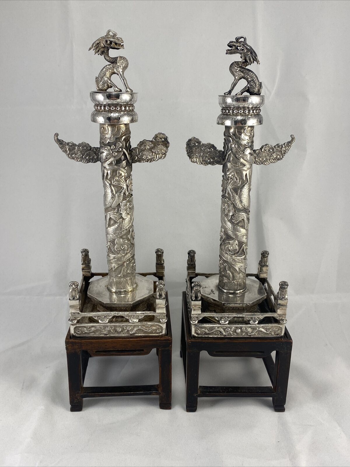 ANTIQUE CHINESE SILVER HUABIAO COLUMNS CANDELSTICKS