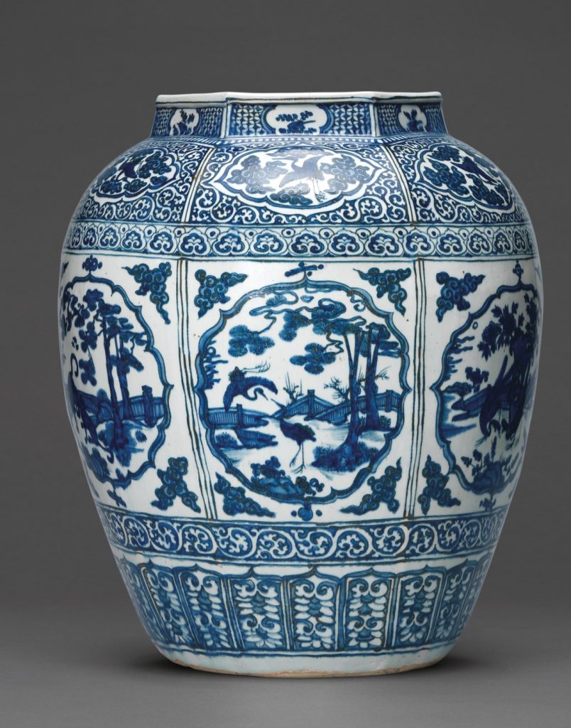 A VERY LARGE BLUE AND WHITE HEXAGONAL JAR