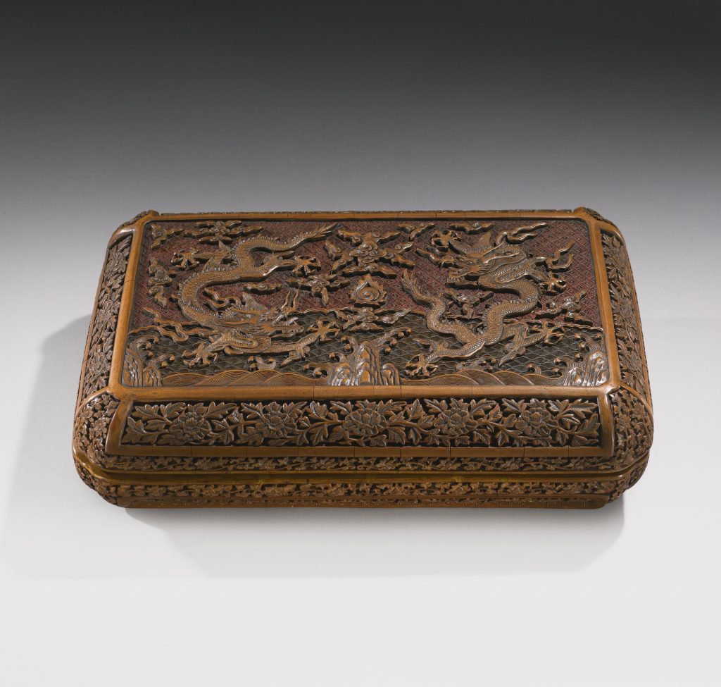 AN EXTREMELY RARE 'IMPERIAL-YELLOW DRAGON' POLYCHROME LACQUER BOX AND COVER WANLI MARK AND PERIOD, DATED TO THE YIWEI YEAR, CORRESPONDING TO 1595