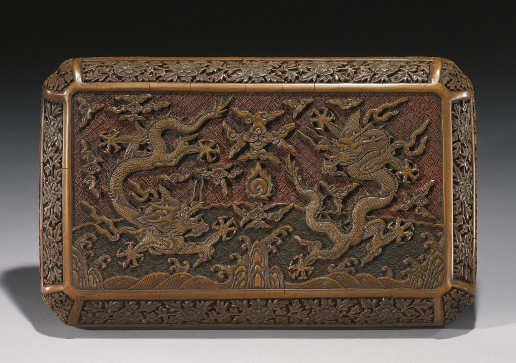  AN EXTREMELY RARE 'IMPERIAL-YELLOW DRAGON' POLYCHROME LACQUER BOX AND COVER<br />WANLI MARK AND PERIOD, DATED TO THE YIWEI YEAR, CORRESPONDING TO 1595
