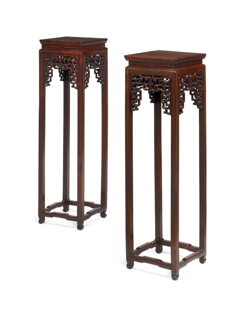 A PAIR OF CHINESE ROSEWOOD AND AMBOYNA STANDS
