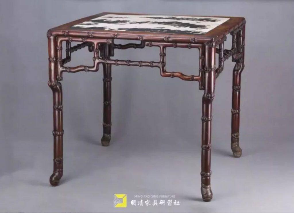 清中期 红木理石面仿竹节枨方桌