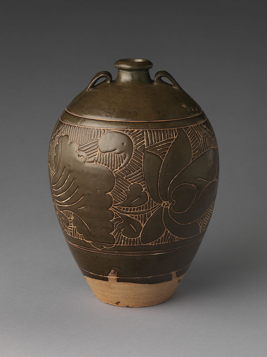  纽约大都会博物馆 元 诗文荷花纹双系酒瓶 Wine bottle with lotuses and admonition 13th–14th century
