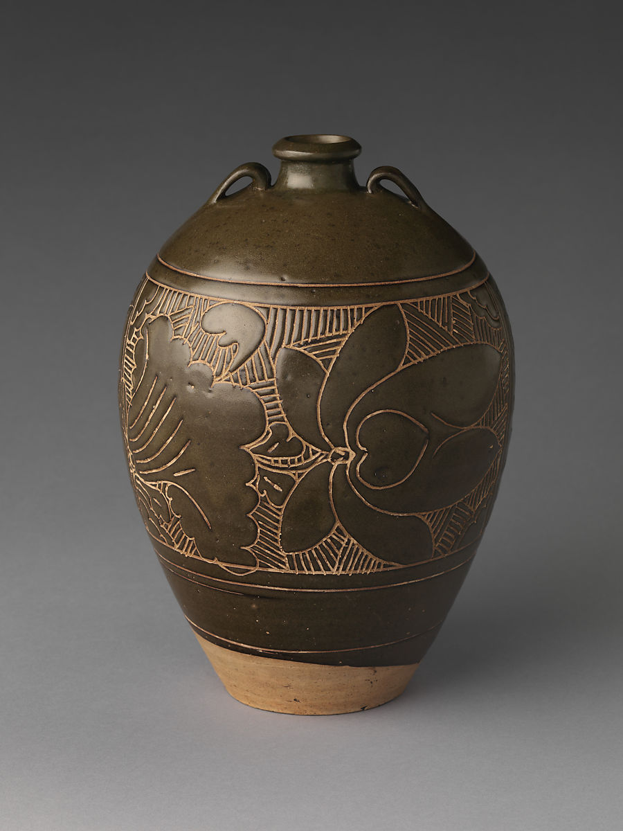  纽约大都会博物馆 元 诗文荷花纹双系酒瓶 Wine bottle with lotuses and admonition 13th–14th century