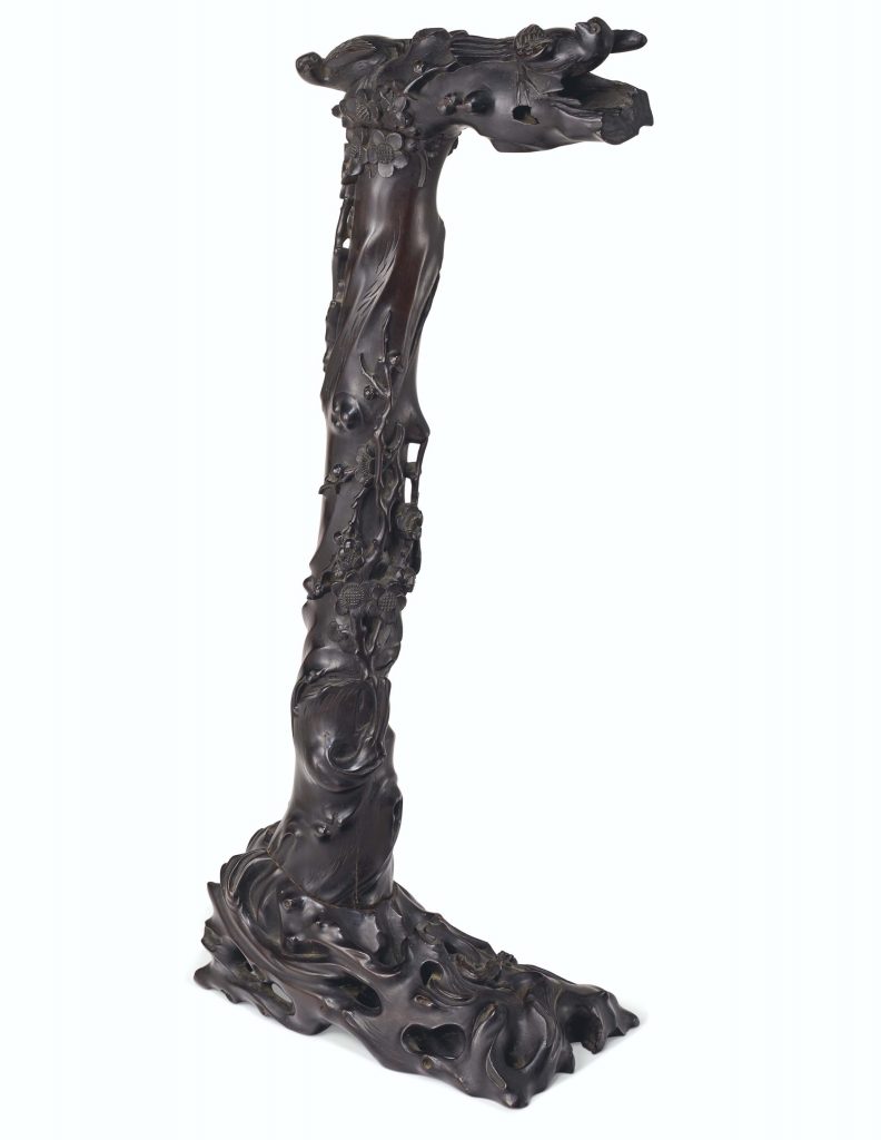 AN UNUSUAL LARGE CARVED ZITAN BRUSH STAND