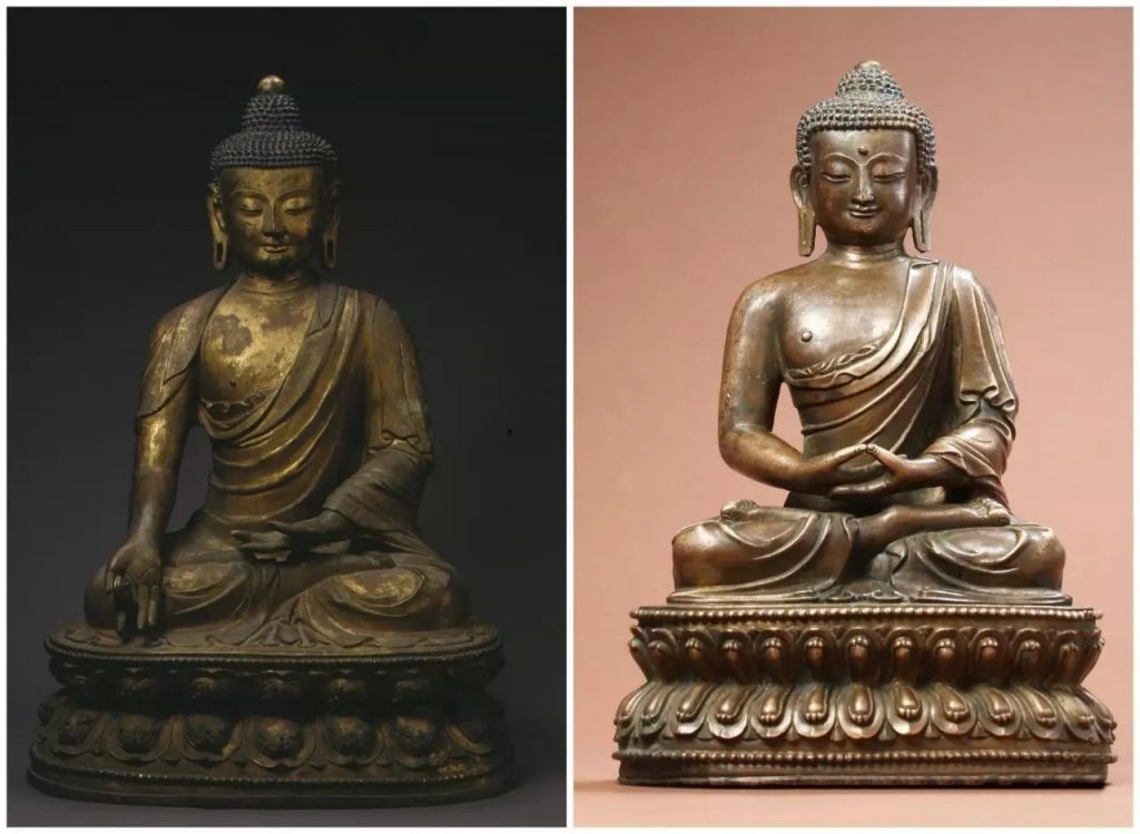 左圖：首都博物館收藏 銅鍍金藥師佛像內地 明景泰元年（1450 年） 高85 釐米 右圖：保利春拍LOT6039