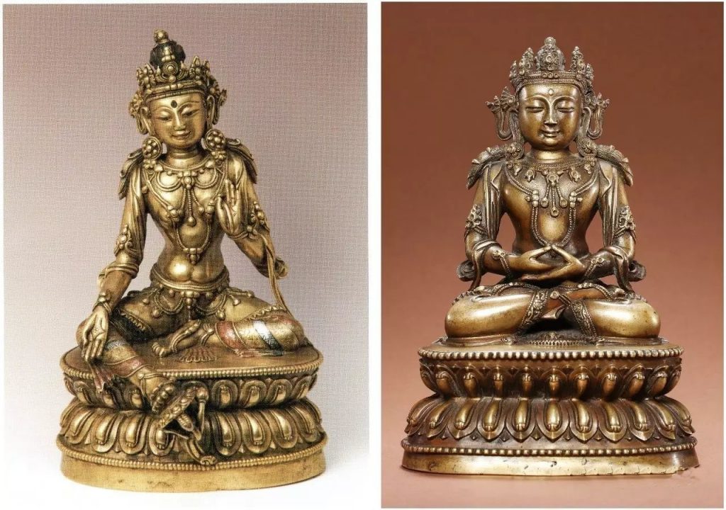 左圖：瑞士萊德堡博物館收藏 合作金銅綠色度母親像西藏 15 世紀高17.5釐米 右圖：保利春拍LOT 6036