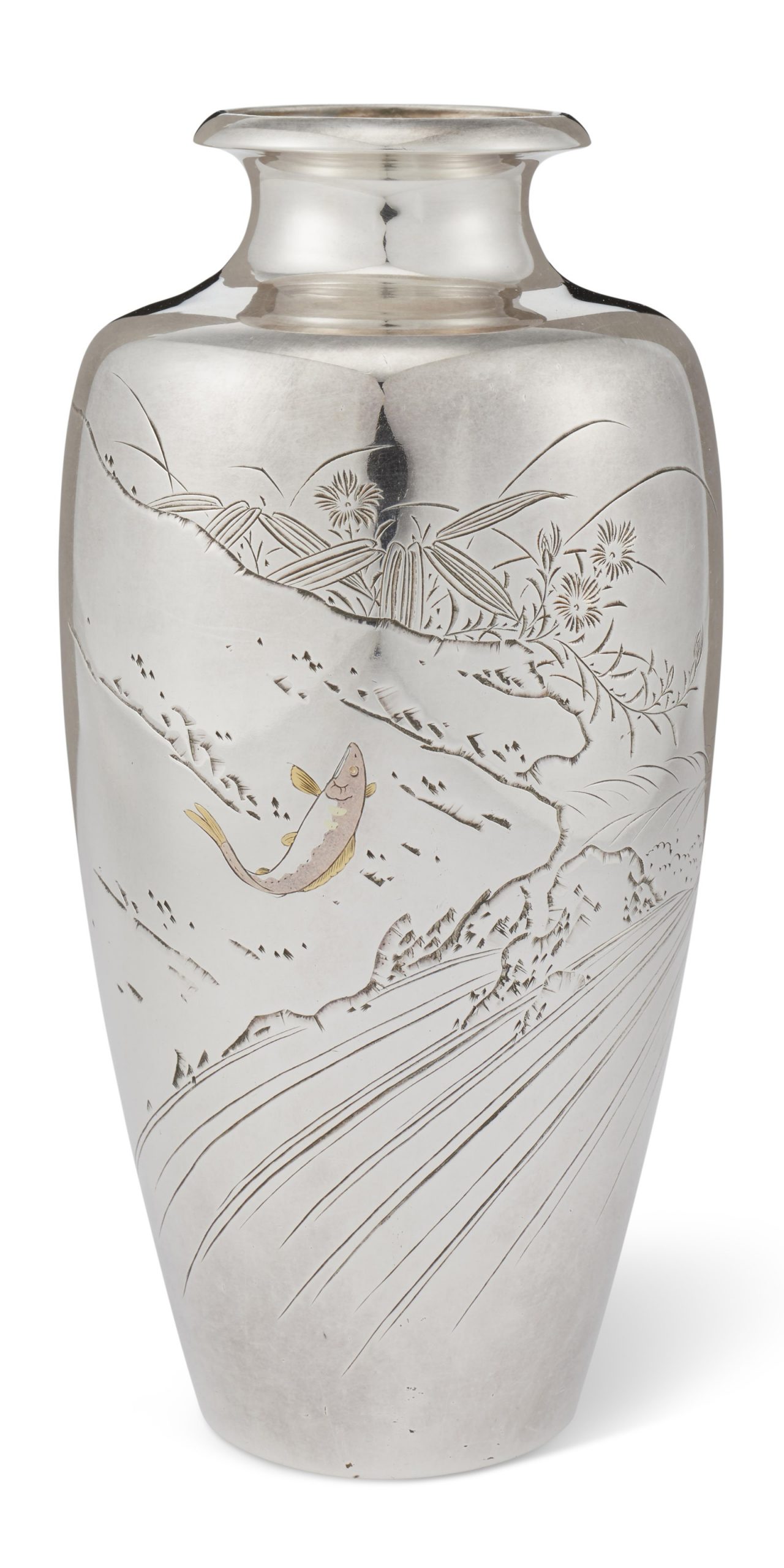 日本外销 刻银及混合金属花瓶（对）