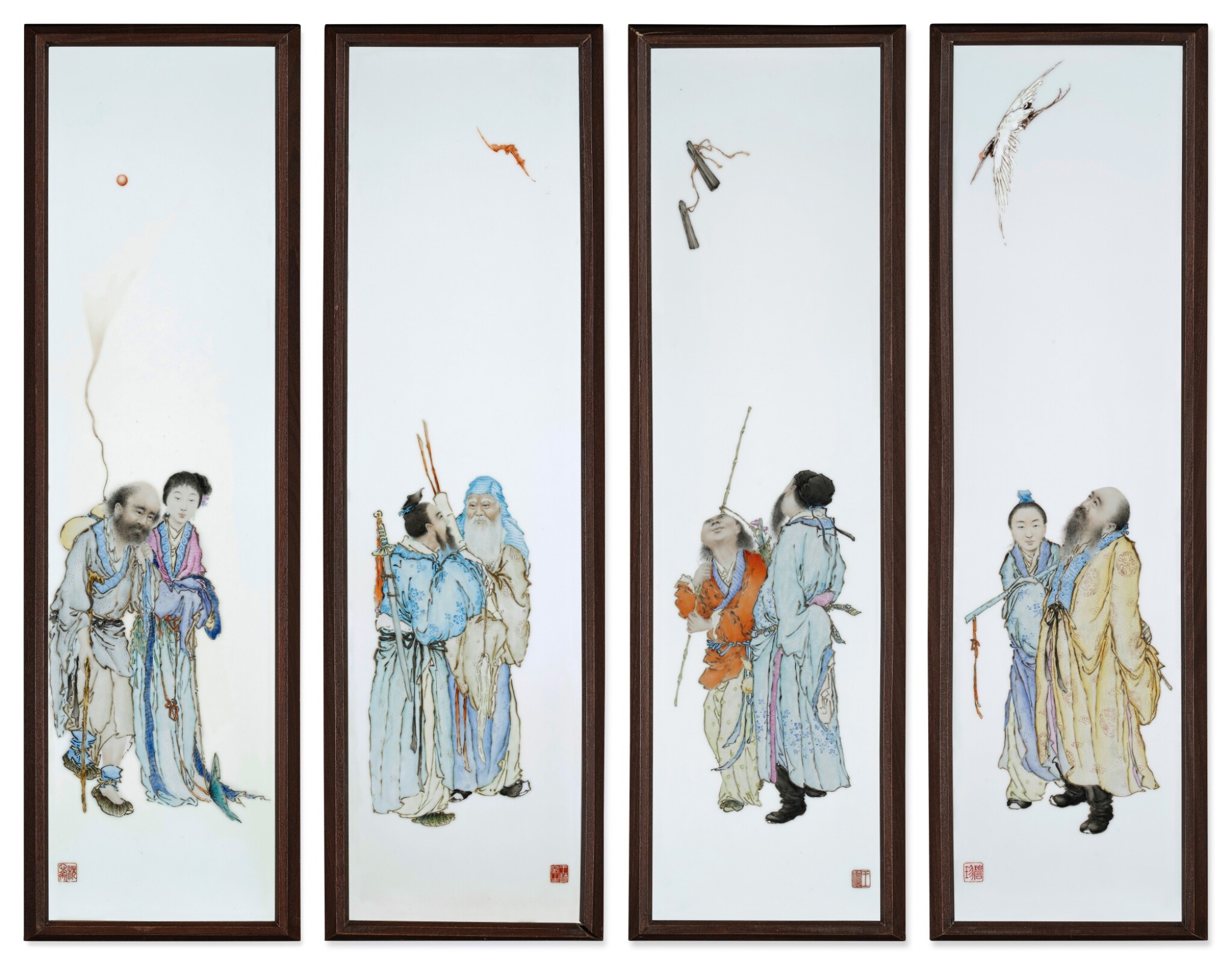  民國 1920年代 王琦作粉彩八仙圖瓷板一套四幅