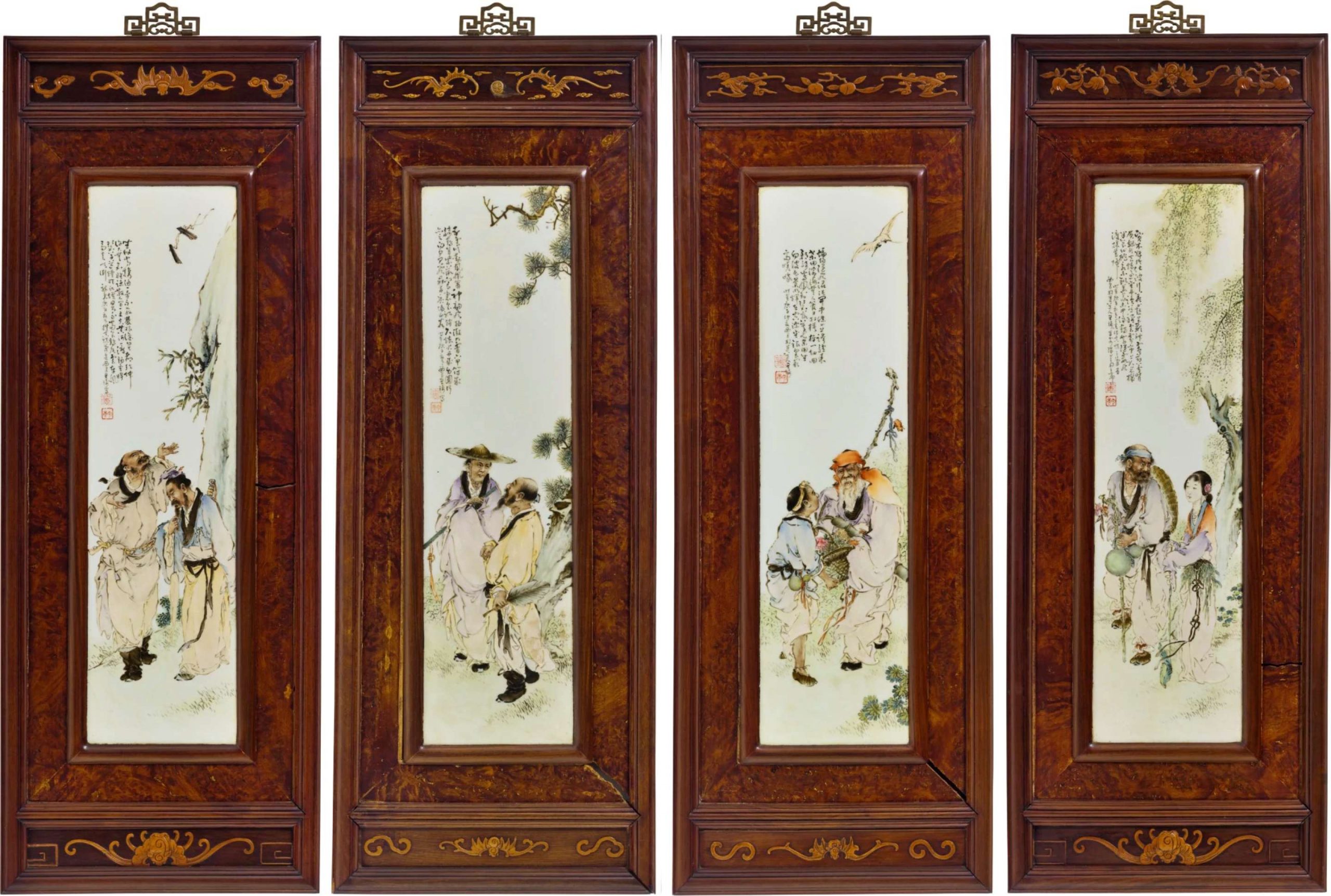 簽款：西昌匋迷道人王琦及西昌王琦 印章：西昌王琦 匋迷 The four panels, each measuring 75 cm high and 19.7 cm wide, are by Wang Qi (1884-1937) and were consigned to New York with an estimate of $US500,000 to $US700,000. The sale for $US1.81 million  (including premium) in New York。 