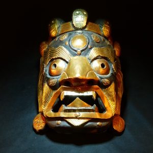 西藏 镶铜鎏金硬木面具