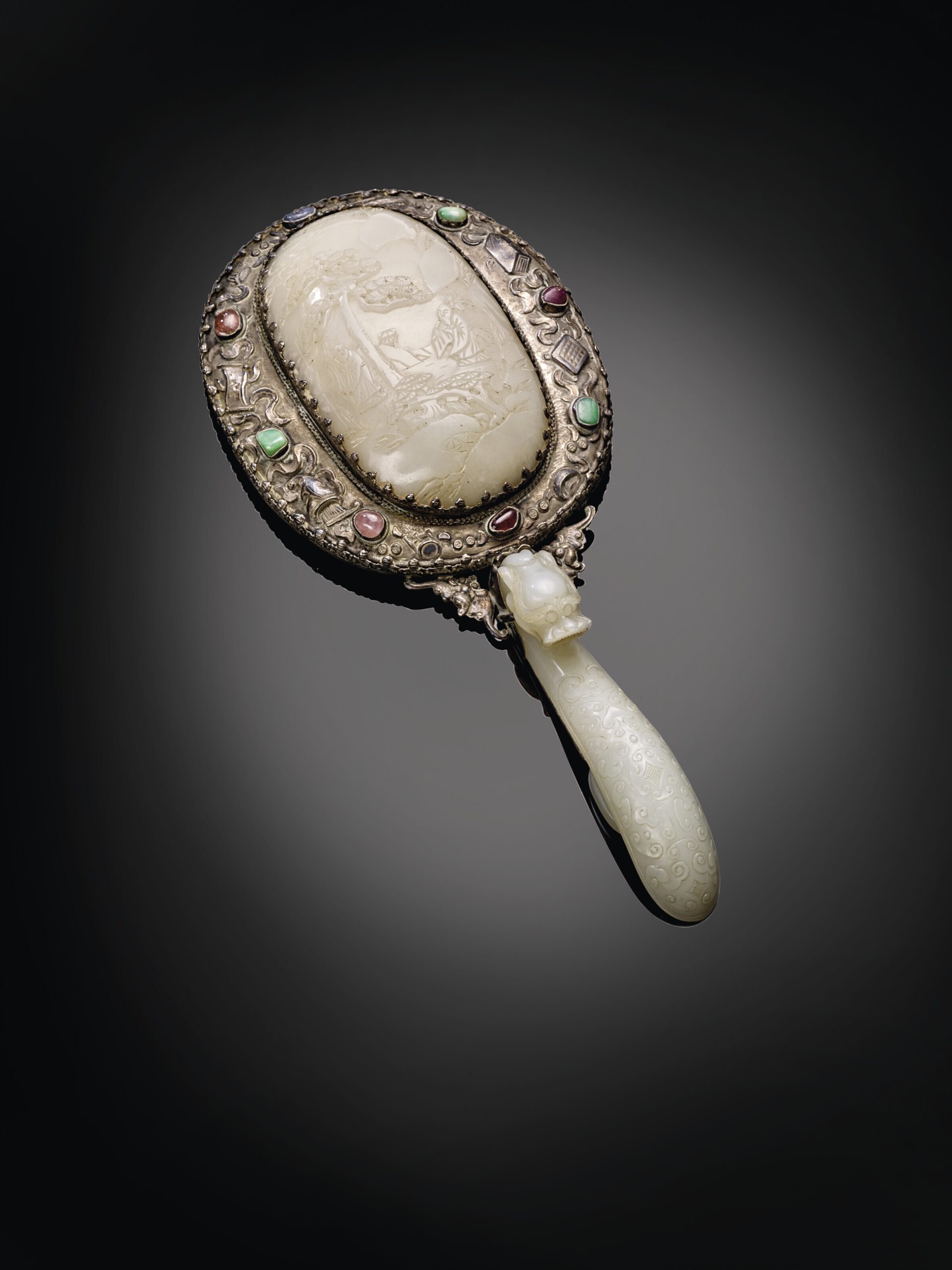 清十九世紀 青白玉龍鈎手鏡