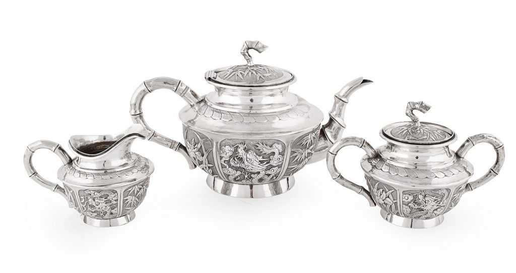 Lot 85 - CHINESE EXPORT SILVER THREE PIECE TEA SERVICE  EARLY 20TH CENTURY