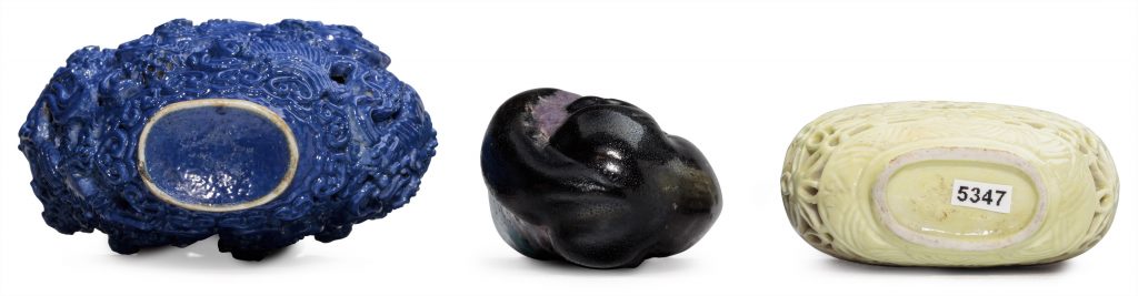 1790-1880 年 藍彩模印鏤空鼻煙壺及瓷胎模印鼻煙壺兩件