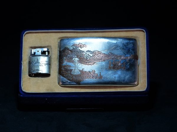 日本 簪银山水纹 烟盒烟具