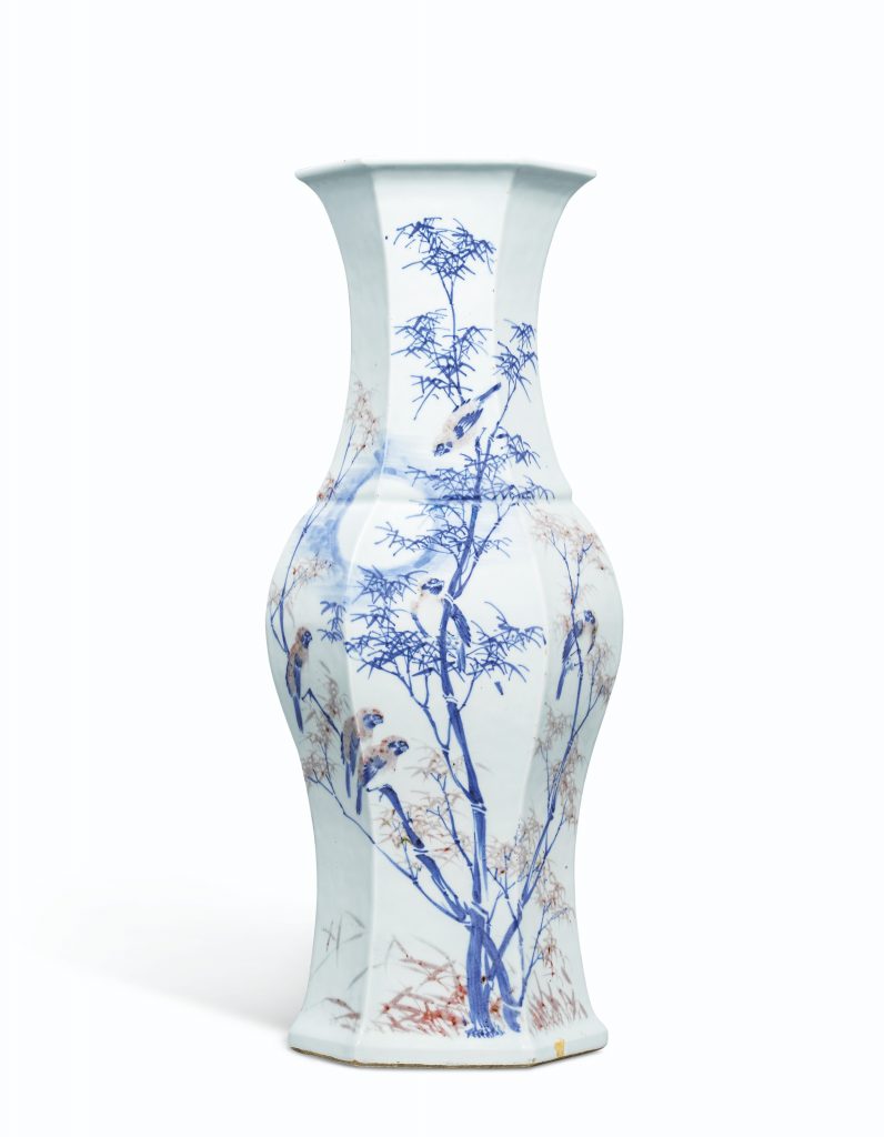 清十八世紀 青花釉裏紅鸕鷀竹雀紋六方瓶