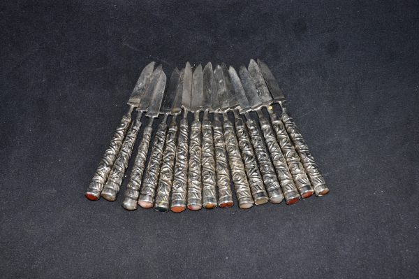 欧洲 老银器 镶玛瑙錾花草纹 餐刀
