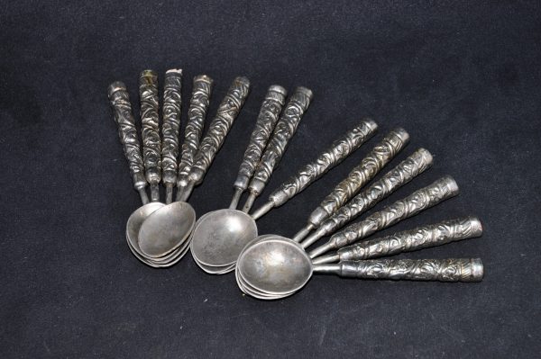 欧洲 老银器 镶玛瑙錾花草纹 餐勺 羹匙