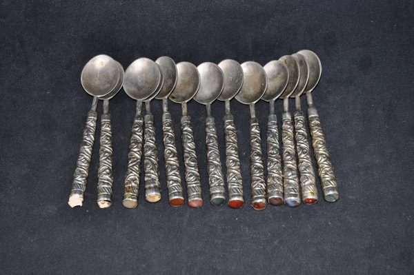 欧洲 老银器 镶玛瑙錾花草纹 餐勺 羹匙