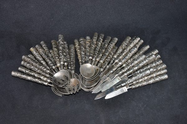欧洲 老银器 镶玛瑙錾花草纹 餐刀餐叉餐勺