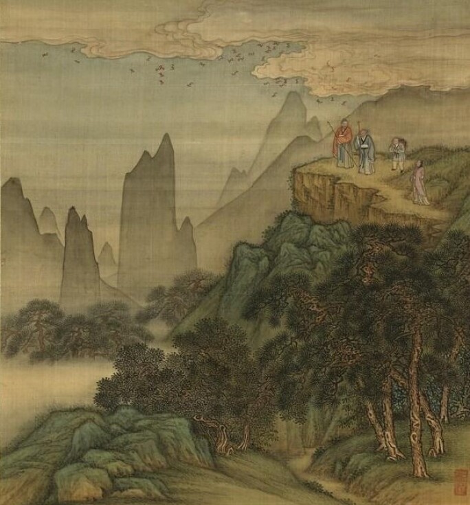  FIG. 2 JIN JIE, LONGEVITY AS HIGH AS THE MOUNTAINS, THE 5TH LEAF, QING DYNASTY, 18TH CENTURY NATIONAL PALACE MUSEUM, TAIPEI 圖二 金玠《壽與山岳》冊　第五開：飛蝠滿天 台北國立故宮博物院 雍正御瓷福壽雙全圖盌，珍罕至極，此盌繪五壽桃於外壁，獨一無二，現知其他作例，均繪六桃，四桃於外，內壁雙桃。桃實不帶明顯暗紅輪廓線，為其另一特點，展現畫師高超技藝，及粉彩新技術帶來的突破。