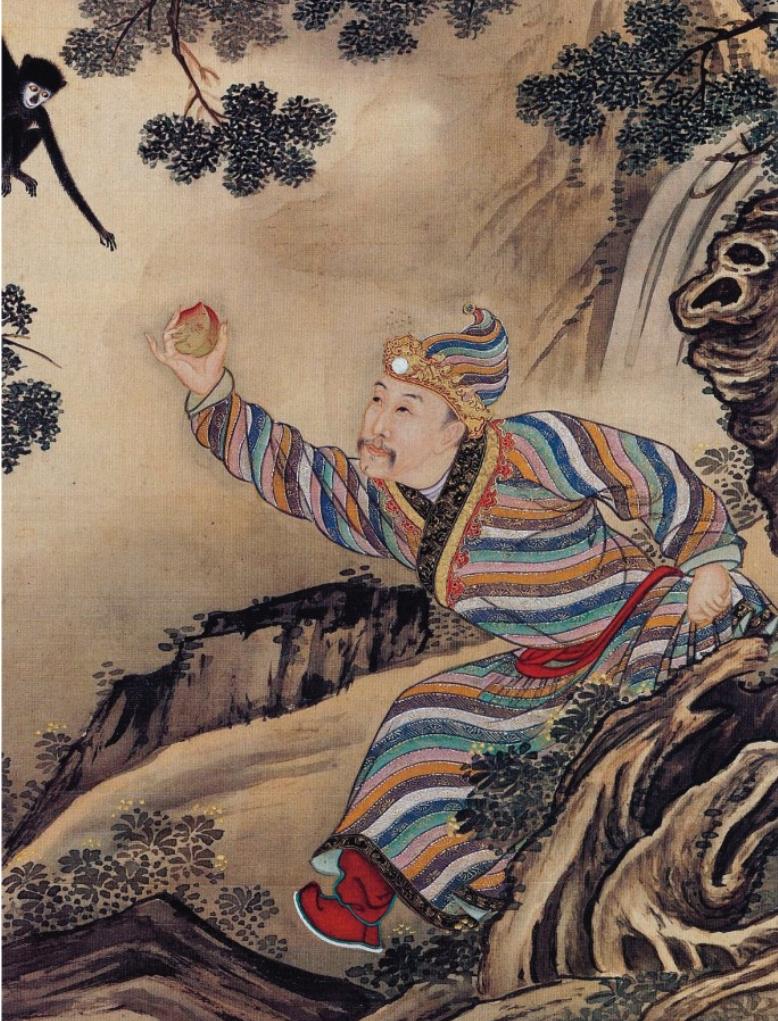 FIG. 1 THE YONGZHENG EMPEROR WITH A PEACH OF IMMORTALITY, QING DYNASTY, YONGZHENG PERIOD ALBUM LEAF, INK AND COLOURS ON SILK © PALACE MUSEUM, BEIJING 圖一 清雍正　佚名《胤禛行樂圖‧東方朔偷桃》冊頁　設色絹本 © 北京故宮博物院